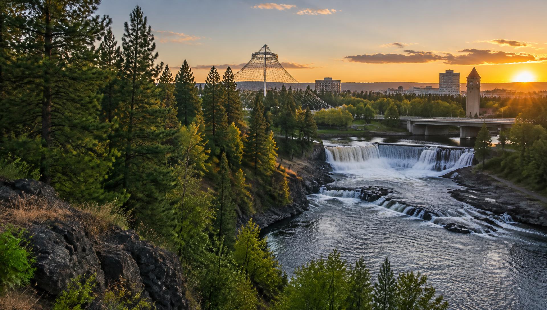 Riverfront Park, Spokane Pavilion, and Spokane Falls at sunset
